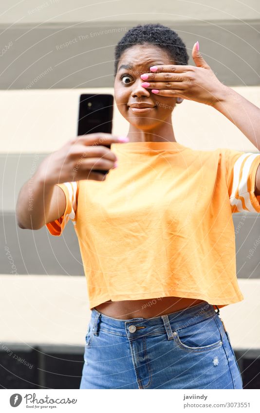 Black woman taking selfie photograph with happy expression Lifestyle Joy Happy Beautiful Hair and hairstyles Vacation & Travel Telephone PDA Camera Human being