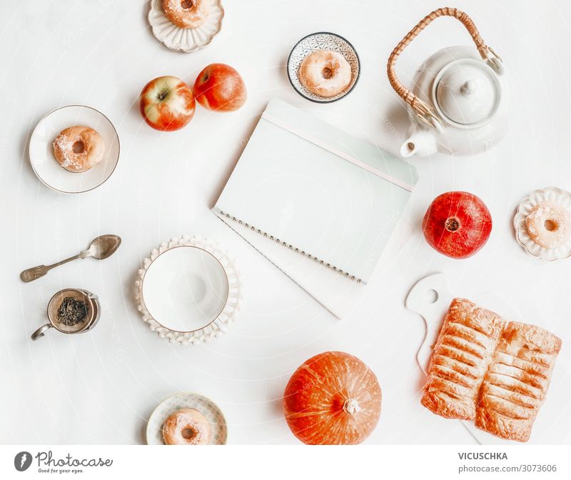 Autumn Still Life with Tea Set, Pumpkin and Donuts Food Cake Nutrition Beverage Lifestyle Design Leisure and hobbies Living or residing Table Notebook