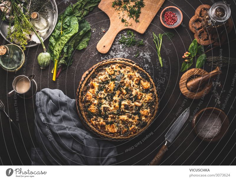 Quiche Lorraine salmon and chard Food Nutrition Crockery Design Style Background picture Cooking Salmon Mangold Kitchen Table Food photograph Eating