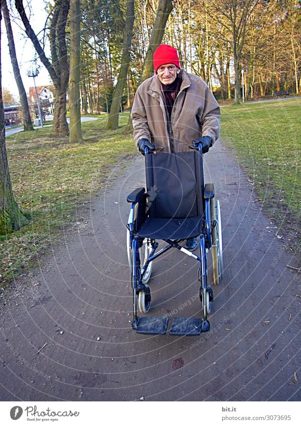 Man pushing wheelchair, on the road in the woods. Masculine Adults Male senior Grandfather Senior citizen Nature Transport Old Movement Driving To hold on Going