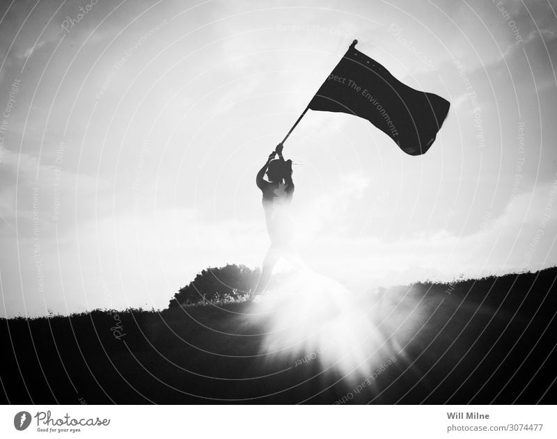 Silhouette of Woman Running with a Flag Sun Sunset Patriotism Hold Runner Strong Power Might Force Powerful