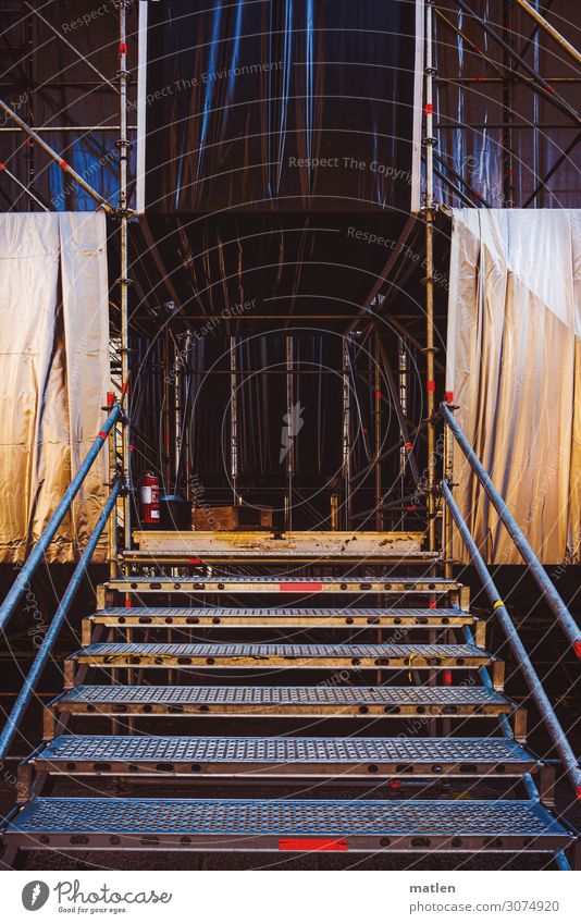 stage staircase Event Stairs Authentic Dark Cold Brown Gray Red White Stage Scaffolding Colour photo Subdued colour Exterior shot Copy Space left