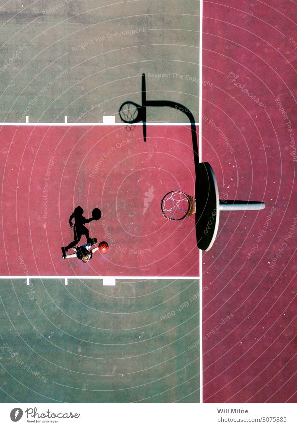 Basketball Player from Above Ball Playing Court building Green Red Shadow City life Youth (Young adults) Youth culture Exterior shot Jump Sports