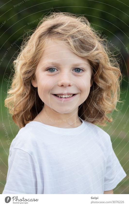 Funny blond kid with long hair Lifestyle Joy Happy Beautiful Playing Summer Child Human being Baby Boy (child) Infancy Nature Grass Park Meadow Playground