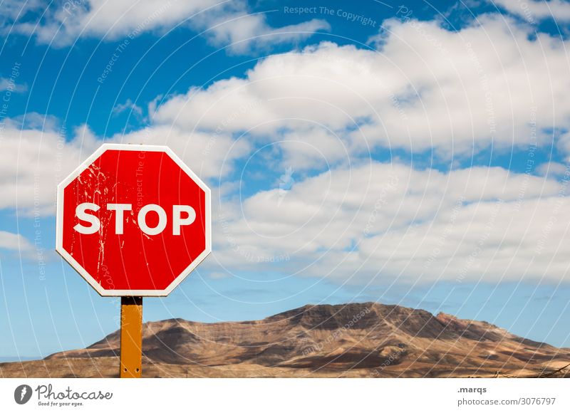 STOP | On the road again Nature Landscape Sky Clouds Summer Beautiful weather Hill Stop sign Road sign Relaxation Moody Fuerteventura Vacation & Travel
