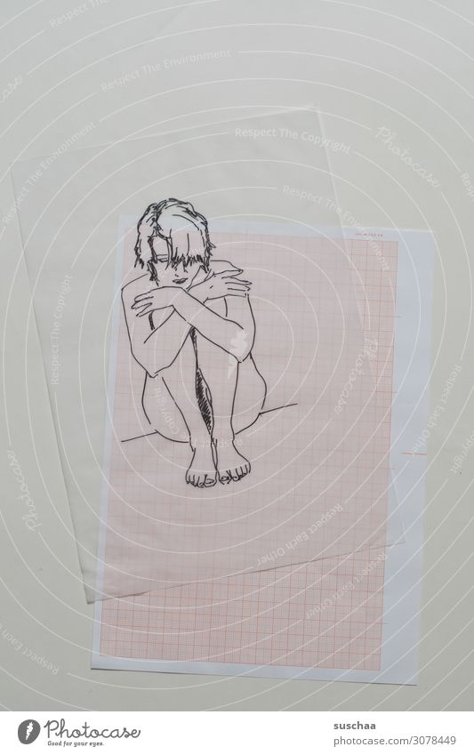 traced only (3) Drawing Earmarked Painting (action, artwork) initialed Art Artist Translucent Transparent Woman Sit Paper overlying Graph paper