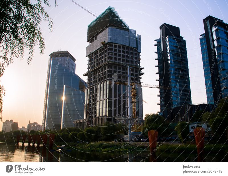 Nightfall in the city Cloudless sky Channel Beijing Downtown High-rise Office building Construction site Facade Tall Calm Inspiration Modern Environment