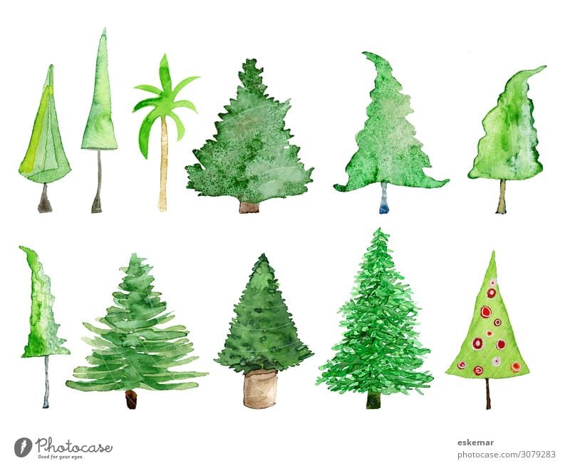 Trees and Christmas trees, watercolour on paper Christmas & Advent Art Painting and drawing (object) Watercolors Drawing Earmarked painting Painted Plant