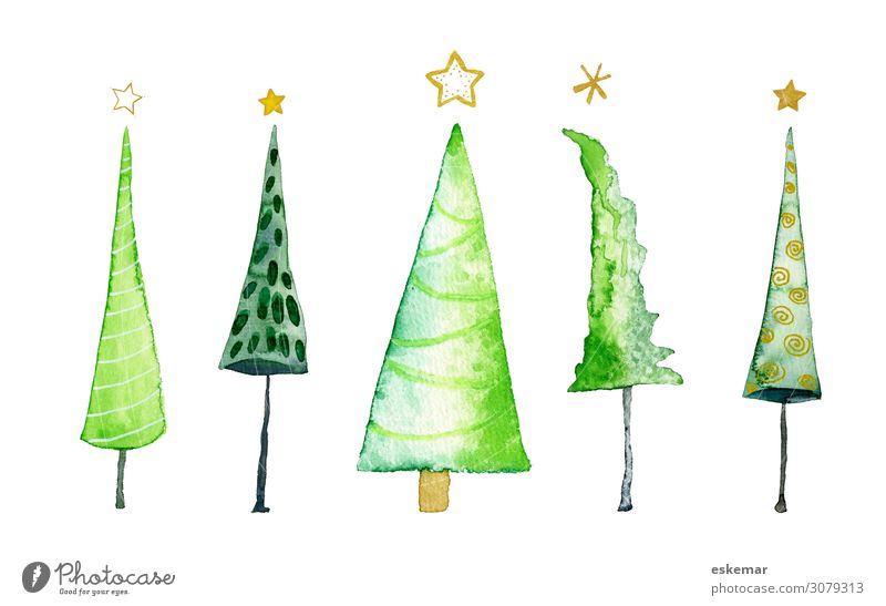 Christmas trees, watercolour on paper Christmas & Advent Art Work of art Painting and drawing (object) Watercolors Painted Tree Paper Star (Symbol) Esthetic