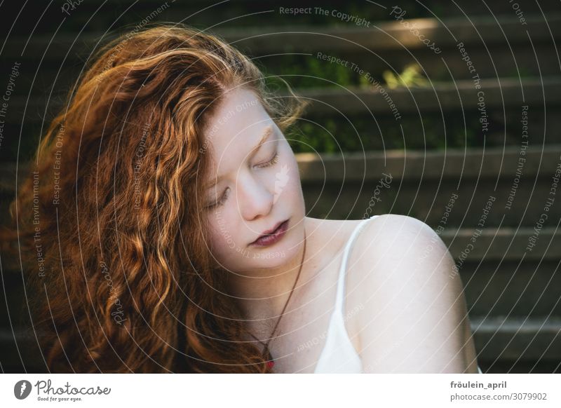 Dream a little Dream Calm Summer Feminine Young woman Youth (Young adults) 1 Human being 18 - 30 years Adults Spring Park Stairs Red-haired Curl Esthetic