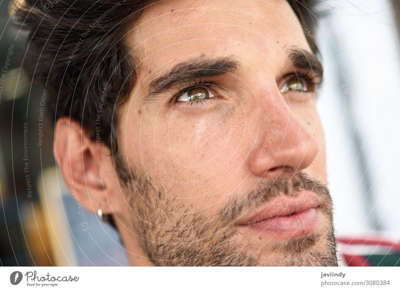 Close-up portrait of young man with dark hair and modern hairstyle Lifestyle Style Happy Beautiful Hair and hairstyles Face Human being Masculine Young man