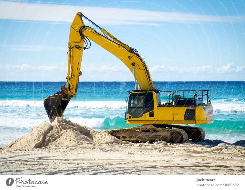 Dredging on the beach Far-off places Excavator Sand Clouds Horizon Climate change Beautiful weather Pacific Ocean Pacific beach Queensland Work and employment