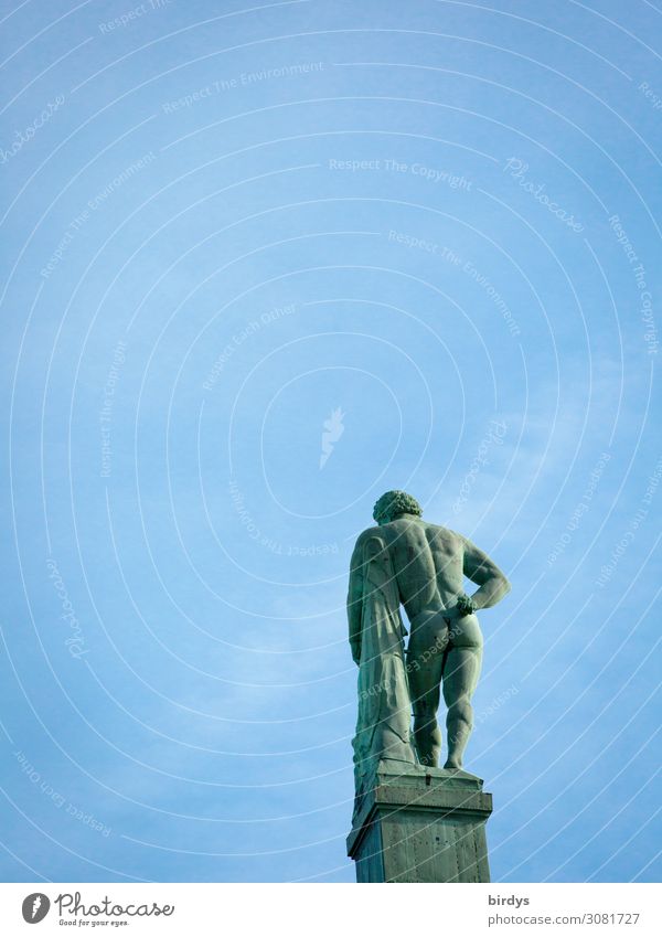 Hercules... has back! Masculine 1 Human being Art Sculpture Cloudless sky Kassel Tourist Attraction Landmark Observe Authentic Above Blue Gray Bravery Power