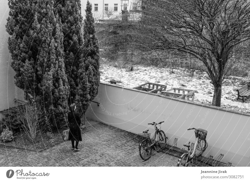 Woman in the backyard and snow Flat (apartment) Moving (to change residence) 1 Human being Winter Snow Tree Bicycle Concern Grief Fear of the future Loneliness
