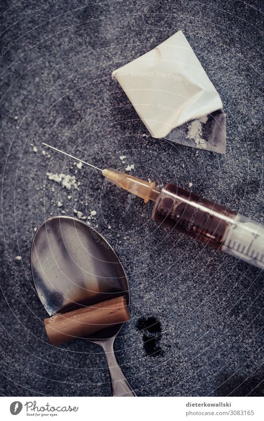Injection kit with drugs Happy Human being Dirty Dark Fear Distress Addiction Addictive behavior Drug addiction Drugs rush Consumption Dependence Helpless