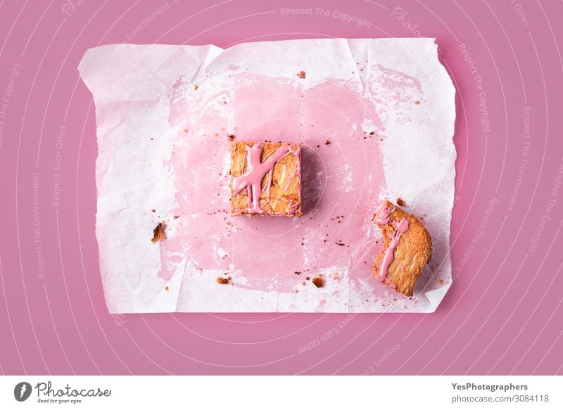 Slice of pink brownie and traces of the whole cake Cake Dessert Candy Chocolate Eating Animal tracks Happy Tradition above view Baking Bakery baking paper