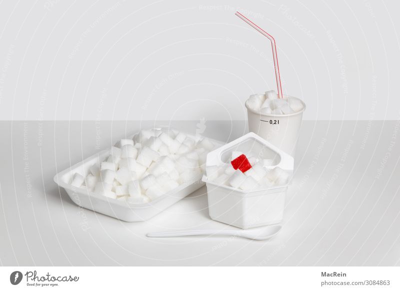 sugar Food Nutrition Packaging Sweet Problem Symbols and metaphors Unhealthy Sugar Lump sugar Red Straw Spoon White Deserted Colour photo Studio shot