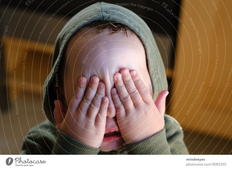 Little boy with hood closes his eyes. Children's game Hide Masculine Toddler Family & Relations Infancy Face 1 - 3 years Touch To hold on Playing Brash