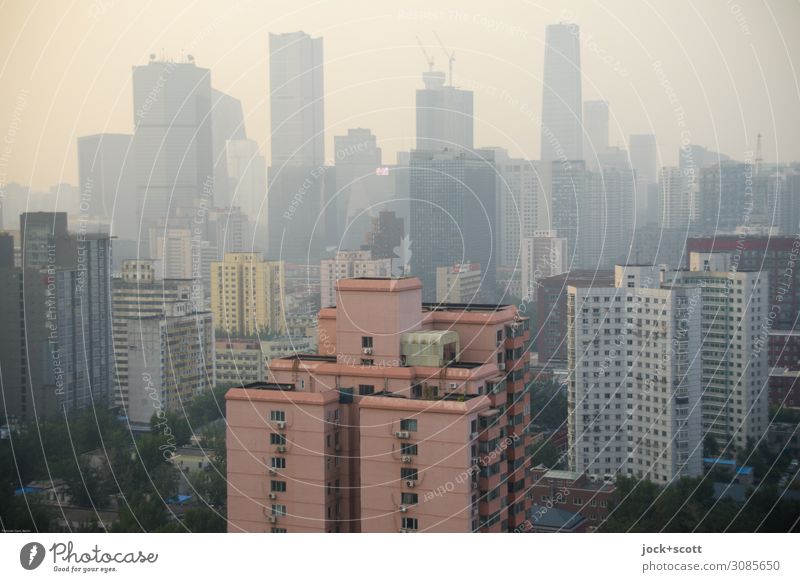 Dull view Sky Beijing Capital city Downtown Skyline High-rise Bank building Office building Facade Authentic Modern Moody Smog Fine particles Health hazard