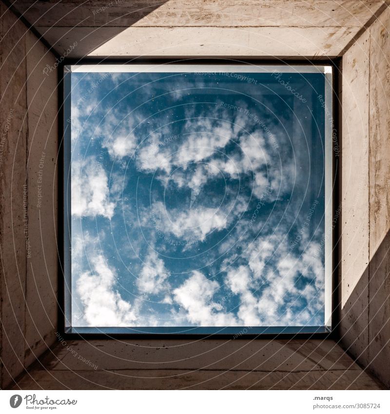 outlook Sky Clouds Beautiful weather Window Frame Concrete Esthetic Perspective Precision Future Vantage point Above Colour photo Interior shot Close-up