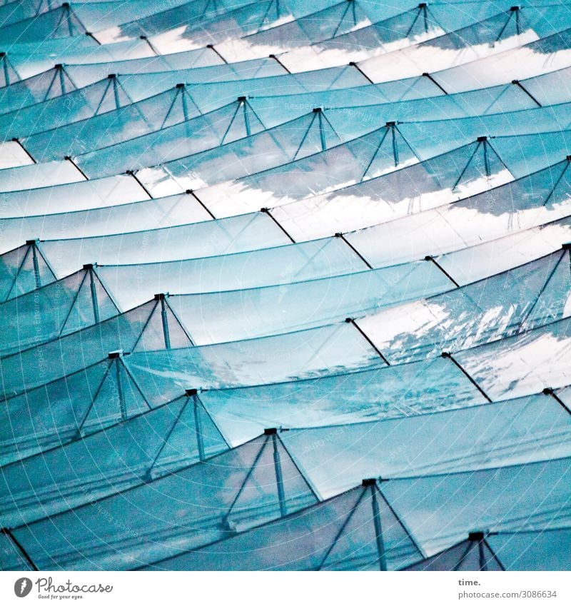 glass waves Art Work of art Hamburg Manmade structures Architecture Facade Glass Metal Line Stripe Network Esthetic Exceptional Blue Turquoise Movement Design