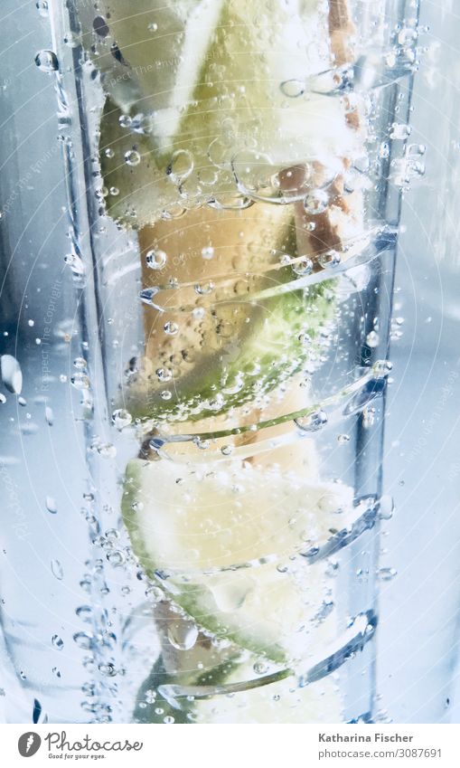 soft drink Beverage Cold drink Drinking water Bottle Glass Fresh Blue Yellow Green White Lime citrus Ginger Water Mineral water Bubbling summer drink Bubble