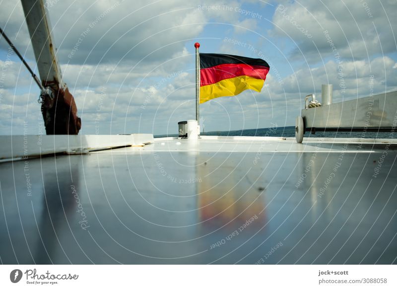 wind-water waves Trip German Flag Clouds Boating trip Glittering Maritime Horizon Vacation & Travel Judder Tilt Bow Background picture Shadow Reflection
