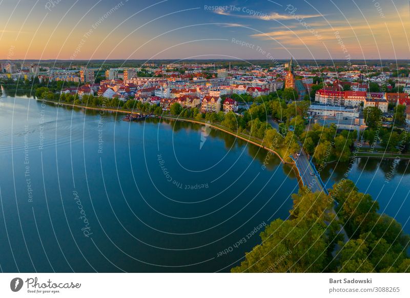Town of Elk in North Eastern Poland Calm Summer Landscape Lake Small Town Skyline Church Bridge Architecture Landmark Street View from the airplane Flying Above