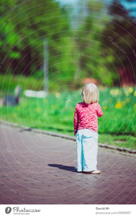 lost - child stands alone on the street Child girl pass Stand Lonely Exterior shot Infancy Summer Human being Colour photo Toddler Fear Panic Anonymous Small