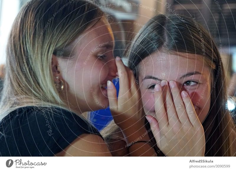 Two girls-teenagers whispering quietly and laughing Face Manicure Mascara Athletic Vacation & Travel Freedom Summer vacation Night life Restaurant Bar