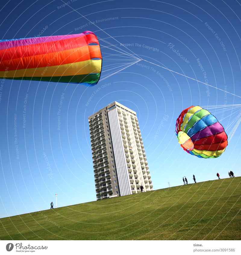 colour palette Human being Environment Nature Landscape Sky Beautiful weather Meadow Coast bunch High-rise Kite Hang gliding Rope String Line Flying Going