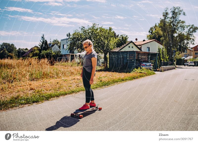 longboarding Lifestyle Elegant Style Leisure and hobbies Summer Skateboarding Longboard Young woman Youth (Young adults) Nature Landscape Sun Beautiful weather