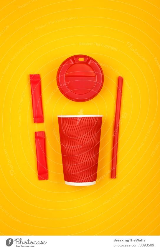 Red paper coffee cup over yellow Beverage Hot drink Coffee Tea Mug Straw Paper Modern Natural Above Yellow Colour cap stick sachet Sugar Conceptual design Top