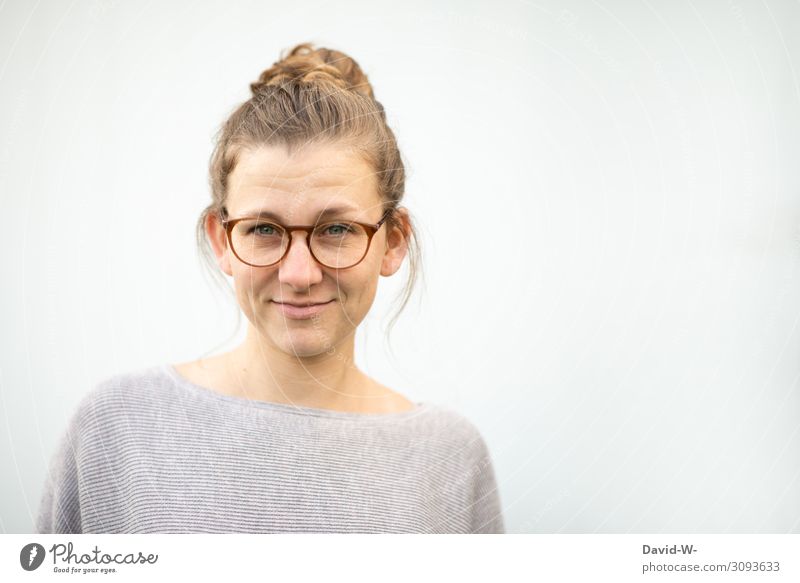 Woman with glasses Young woman smiled smilingly Blonde natural kind Copy Space top Gray Emanation already Looking into the camera Adults portrait Human being