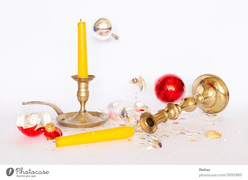 Broken Christmas tree balls with candlesticks Winter Christmas & Advent Sphere To fall Lie Stand Retro Yellow Gold Red Silver White Sadness Disaster
