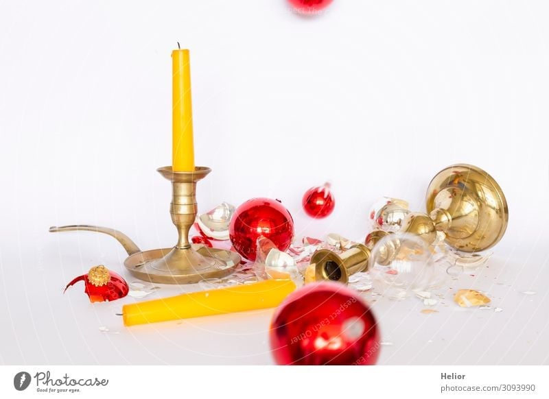 Broken Christmas tree balls with candlesticks Winter Christmas & Advent Sphere To fall Lie Stand Retro Yellow Gold Red Silver White Sadness Disaster