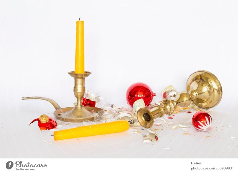 Broken Christmas tree balls with candlesticks Winter Christmas & Advent Sphere Lie Stand Retro Yellow Gold Red Silver White Sadness Disaster Religion and faith
