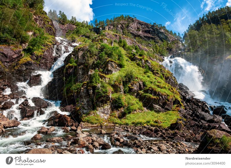 Twin waterfall Låtefossen Vacation & Travel Tourism Trip Far-off places Summer Nature Landscape Elements Water Sky Clouds Spring Beautiful weather Tree Grass