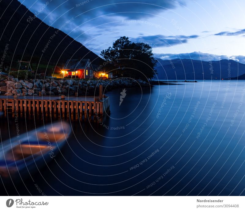 At night by the fjord Vacation & Travel Tourism Summer vacation Ocean Landscape Water Sky Clouds Beautiful weather Tree Mountain Coast Fjord Fishing village
