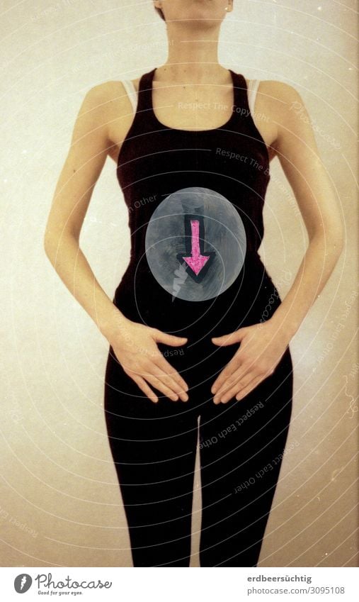No shame to name - collage with pink arrow on a female body, which refers abstractly to the cycle Healthy Wellness Well-being Feminine Woman Adults Body Stomach
