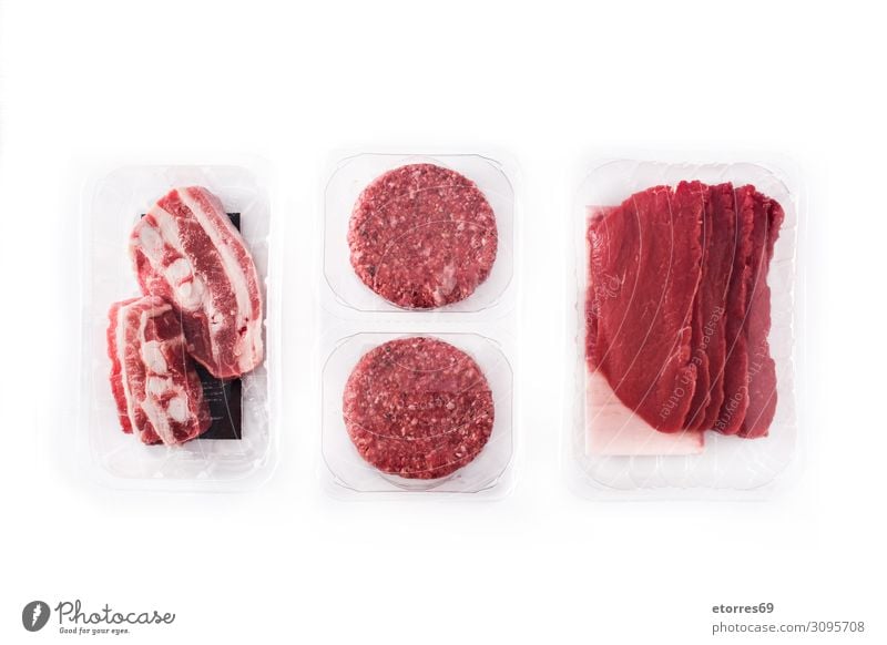 Different types of meat packaged in plastic isolated Meat Packaged Plastic Tray Exceptional Food Healthy Eating Food photograph Isolated (Position) Box Fresh