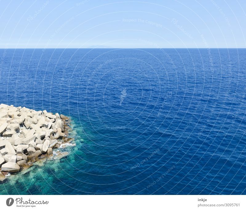 at the port Water Sky Cloudless sky Horizon Summer Ocean Break water Bank reinforcement Coast Clean Blue Pure Sea level Clear sky clear water Calm Colour photo