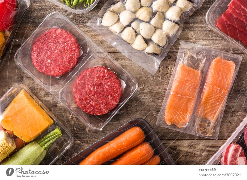 Different types of packaged food. Food Healthy Eating Dish Food photograph Packaged Meat Fish Salmon Vegetable Carrot green beans burger Zucchini Meal Seafood