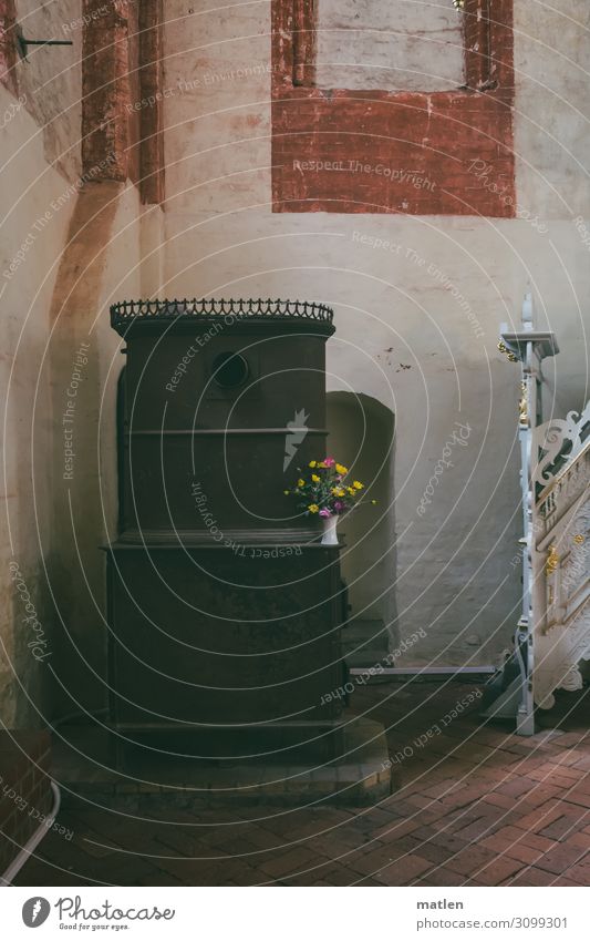 Church is heated Deserted Wall (barrier) Wall (building) Blossoming Brown Gray White Stove & Oven Heat Vase Bouquet Colour photo Subdued colour Interior shot