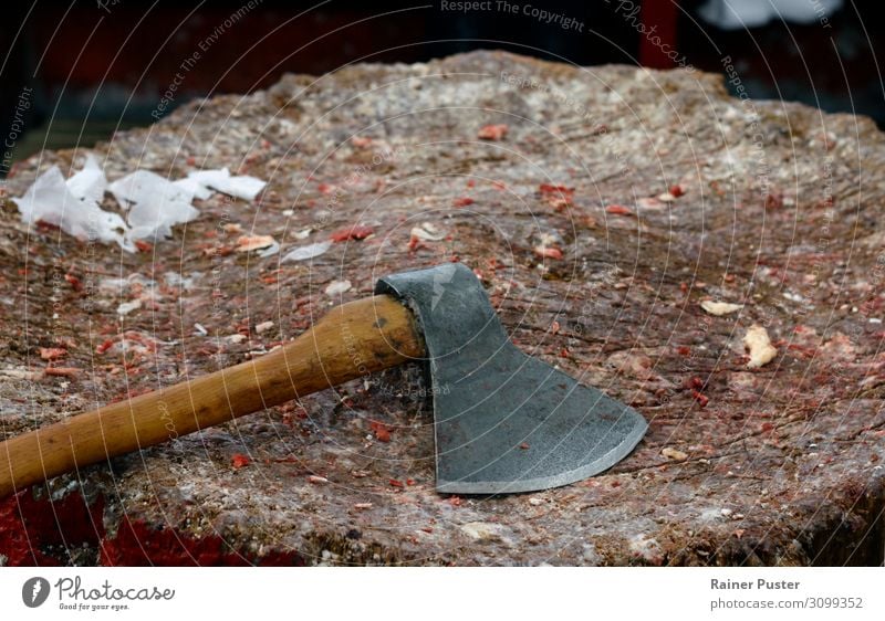 Axe on wooden block with pieces of meat Meat Fat Butcher Aggression Colour photo Interior shot Day