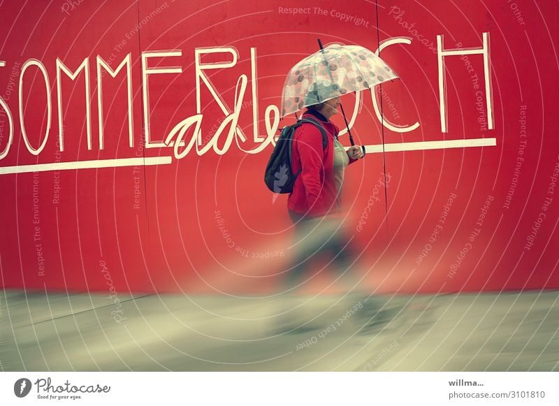 woman with umbrella runs very fast past the summer hole Woman Human being Umbrella Rain Going Happiness Hiking Backpack Summer Text Characters Goodbye Red