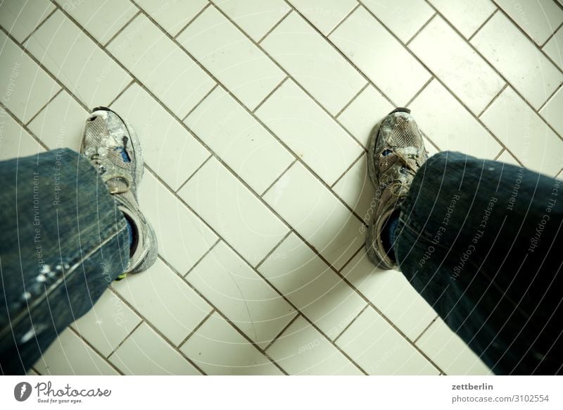 tiles Stand Sit Meeting Break Think Meditative Footwear Sneakers Working shoes Kitchen Bathroom Toilet Floor covering Feet Legs Tile Copy Space