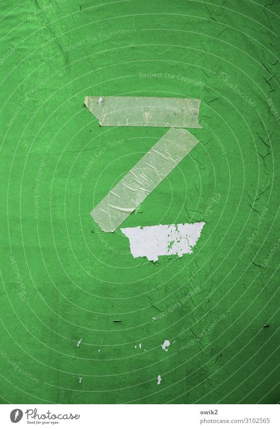 too late Z Capital letter Advertising column Paper Remainder Characters Old Simple Trashy Gloomy Green Adhesive tape Ravages of time Broken Colour photo
