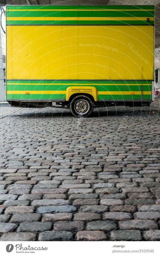weekly market Farmer's market Market stall Trade Trailer Stalls and stands Cobblestones Line Yellow Green Colour Closed Colour photo Exterior shot Deserted
