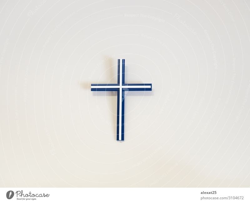 Blue and white catholic cross on a wall Easter Plastic Hope Death Belief Religion and faith background Catholicism christ Christianity Conceptual design copy
